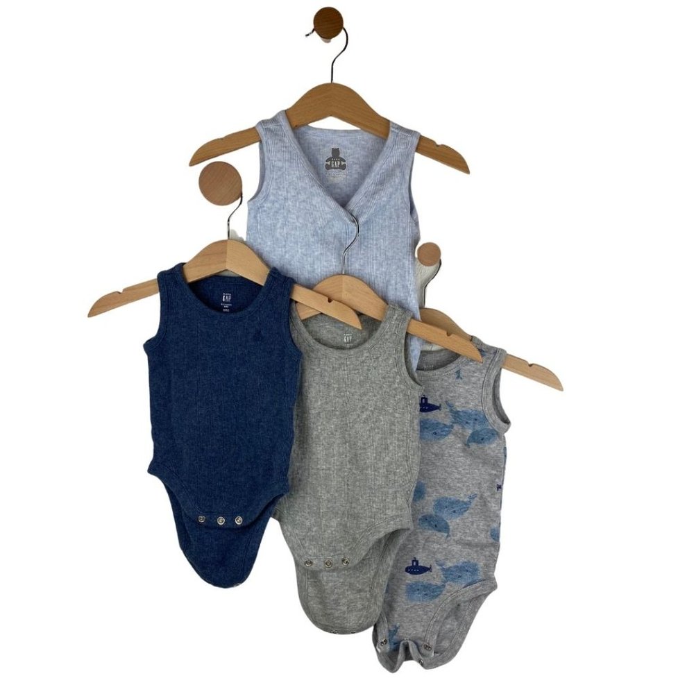 Gap and Carter's Set of 4 Sleeveless Onsies Navy Blue Light Blue Gray 0-3 Months